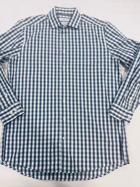 COLLECTION BY MICHAEL STRAHAN Mens Dress Shirt White/Blue/Green Checkered Button